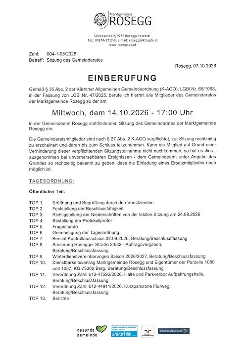14. Oktober 2026 Einberufung Sitzung des Gemeinderates
