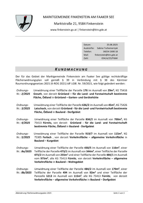 Kundmachung Marktgemeinde Finkenstein am Faaker See
