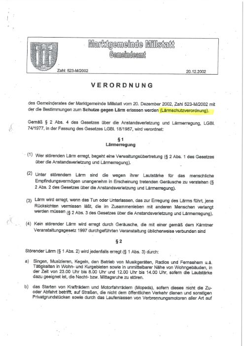 Lärmschutzverordnung Marktgemeinde Millstatt am See