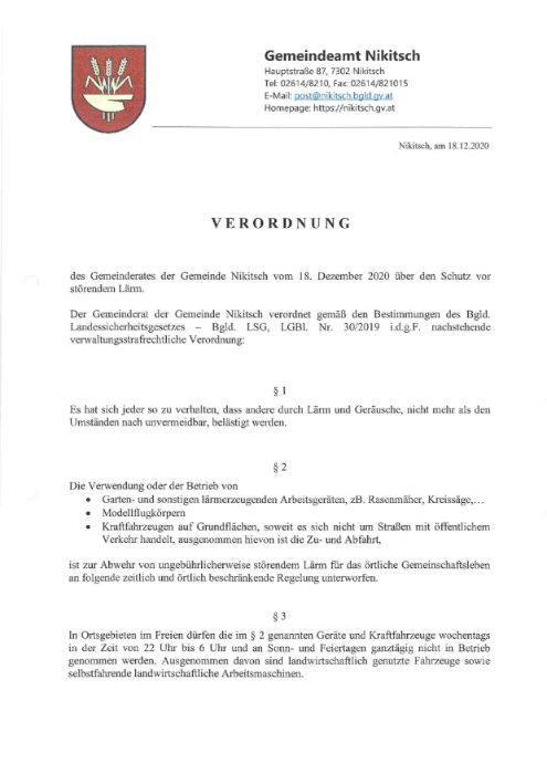 Lärmschutzverordnung Gemeinde Nikitsch