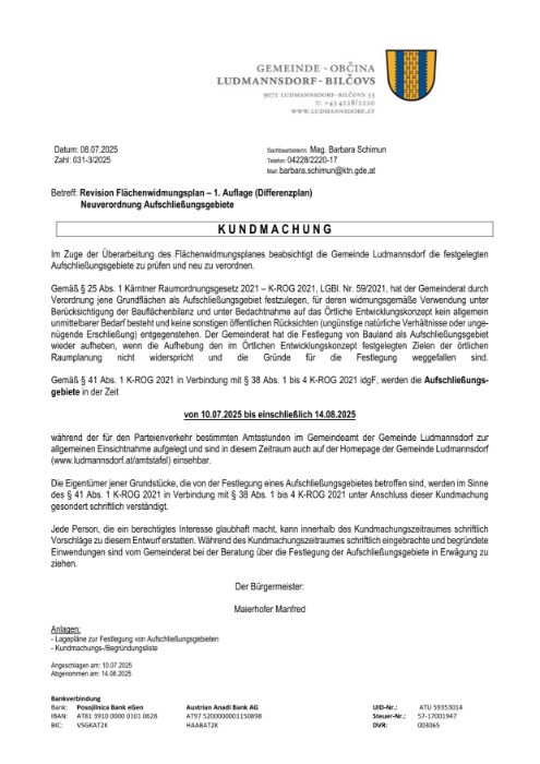 Kundmachung Revision Flächenwidmungsplan - Neuverordnung Aufschließungsgebiete - 1. Auflage