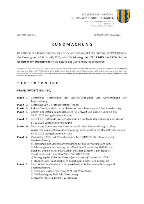 Kundmachung Gemeinderatssitzung 29.12.2025