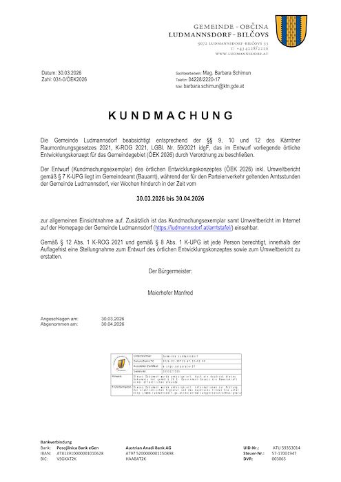 Örtliches Entwicklungskonzept (OEK) 2026 Kundmachung