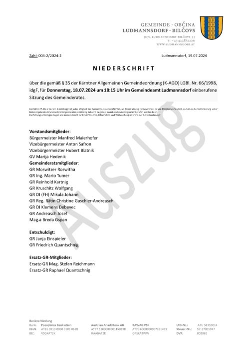 Auszug Niederschrift - Gemeinderat 18.07.2024