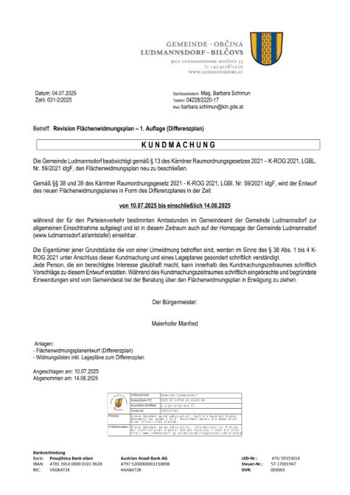Kundmachung Revision Flächenwidmungsplan - 1. Auflage