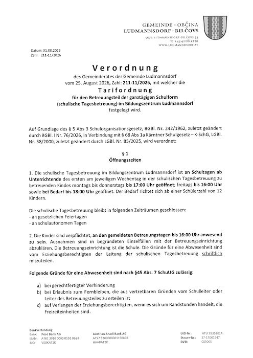 Verordnung - Tarifordnung schulische Tagesbetreuung