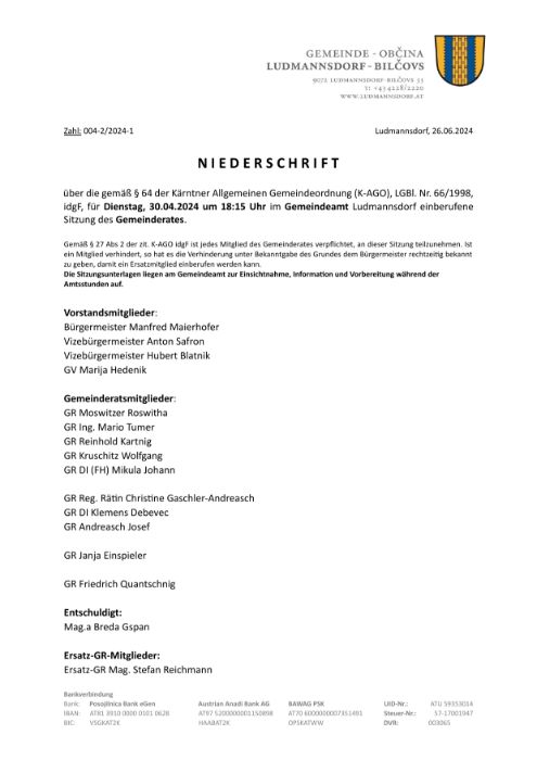 Auszug Niederschrift - Gemeinderat 30.04.2024