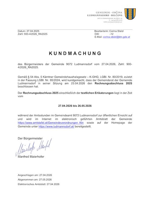 Kundmachung Veröffentlichung Rechnungsabschluss 2025 
