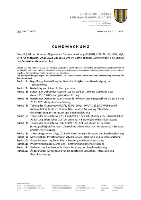 Kundmachung GR-Sitzung 29.11.2023