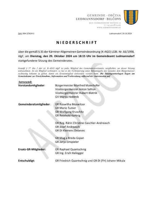 Auszug Niederschrift - Gemeinderat 29.10.2024