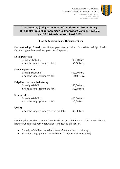 Tarifordnung zur Friedhofsordnung ab 2026