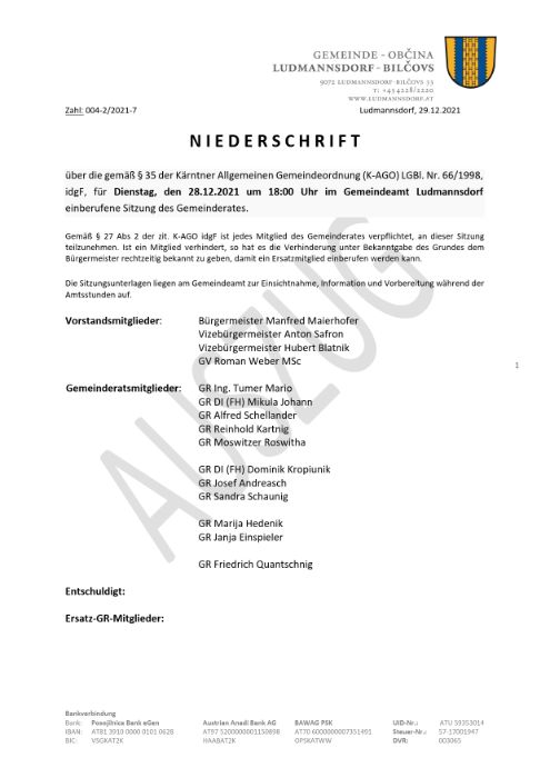 Auszug Niederschrift 28.12.2021