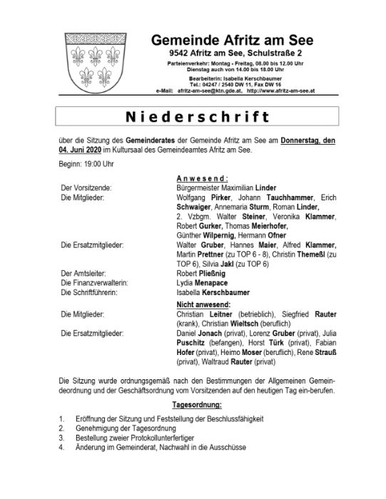 Niederschrift Gemeinderatssitzung 04.06.2020