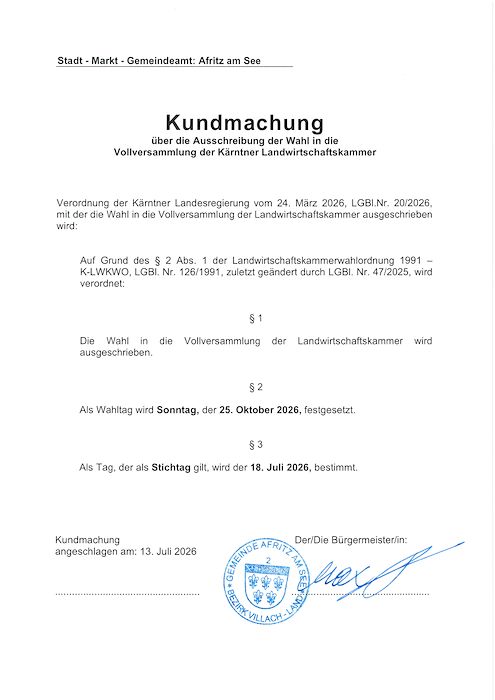 Kundmachung - Ausschreibung Wahl