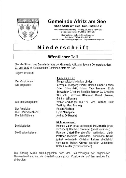 Niederschrift Gemeinderatssitzung 07.07.2022