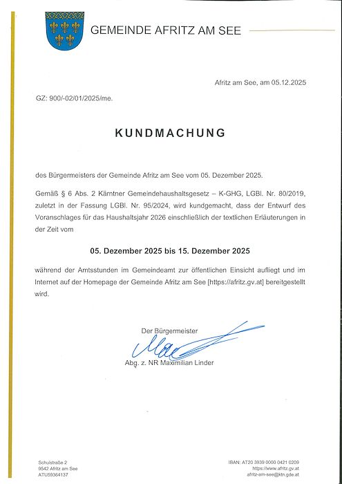 Kundmachung zum Enwurf des Voranschlages Haushaltsjahr 2026