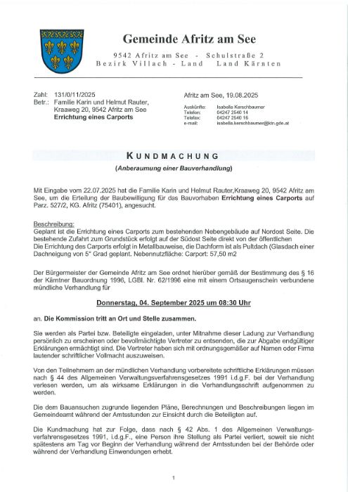 Kundmachung - Anberaumung einer Bauverhandlung