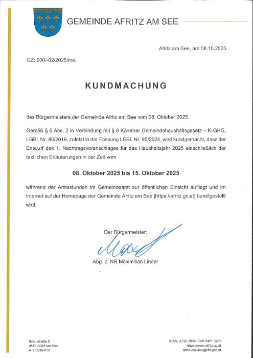 Kundmachung zu Entwurf  1. Nachtragsvoranschlag 2025