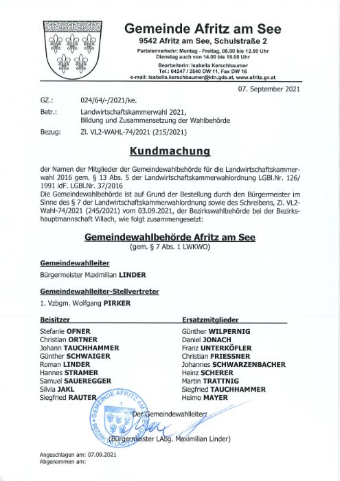 Landwirtschaftskammerwahl 2021 - Bildung und Zusammensetzung der Wahlbehörde