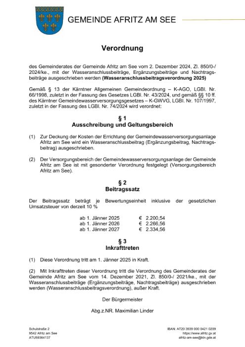 Wasseranschlussbeitragsverordnung 2025-2027