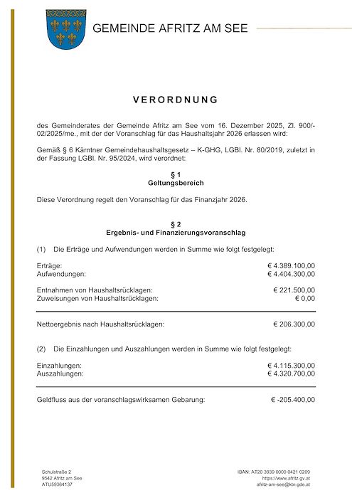 Verordnung des Voranschlages zum Haushaltsjahr 2026