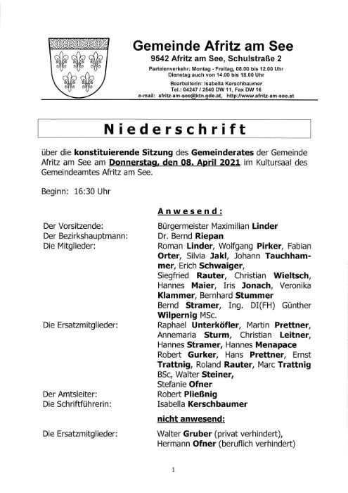 Niederschrift konstituierende Gemeinderatssitzung 08.04.2021