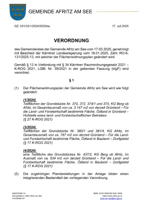 Verordnung, mit welcher der Flächenwidmungsplan geändert wird