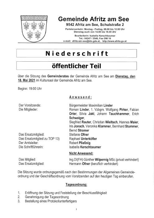 Niederschrift Gemeinderatssitzung 18.05.2021