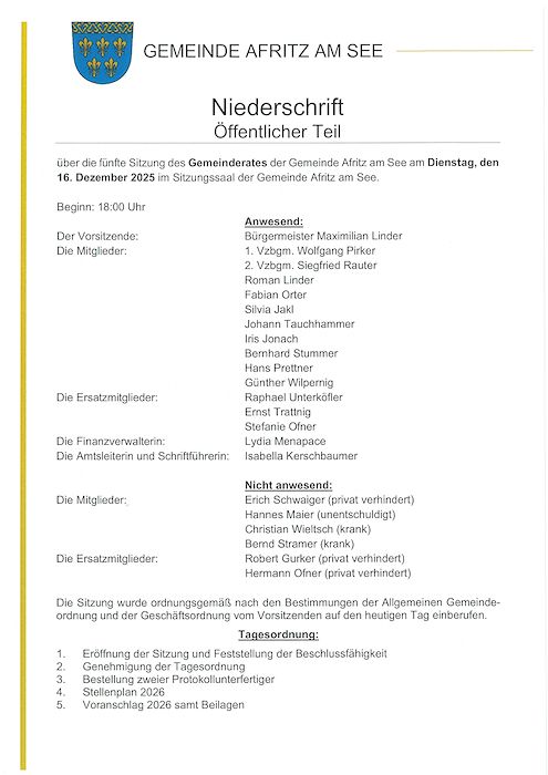 Niederschrift Gemeinderatssitzung 16.12.2025