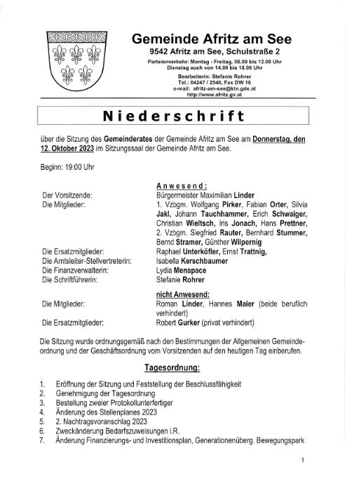 Niederschrift Gemeinderatssitzung 12.10.2023