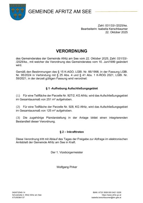 Verordnung Aufschließungsgebiet