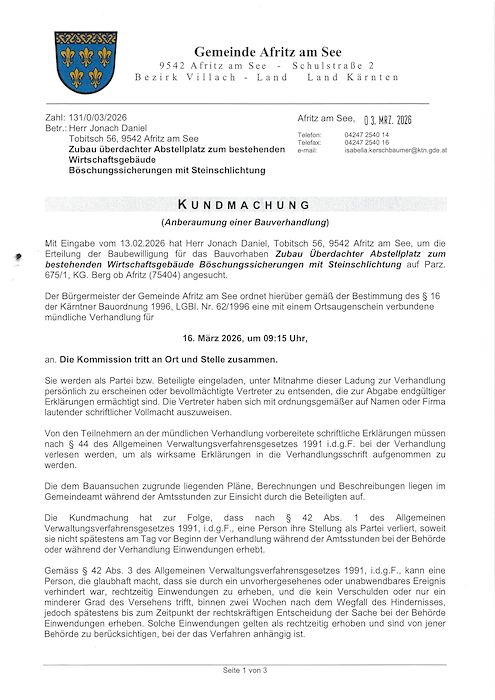 Kundmachung - Anberaumung einer Bauverhandlung