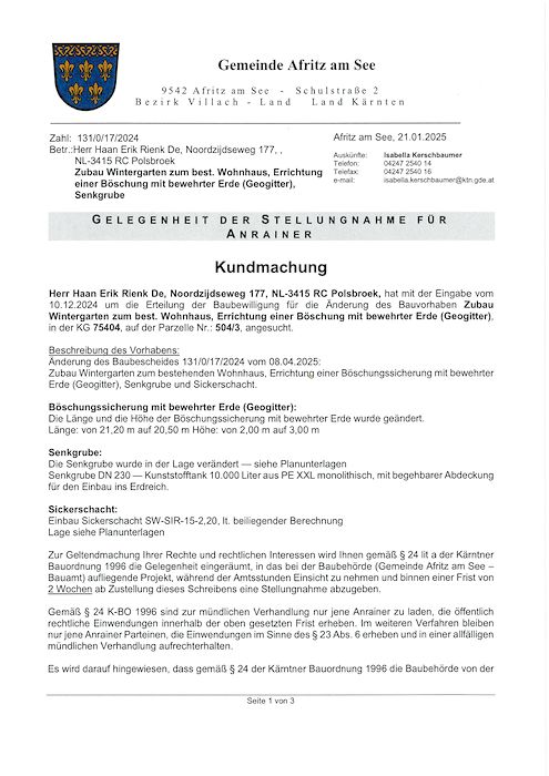 Kundmachung - Gelegenheit der Stellungnahme für Anrainer