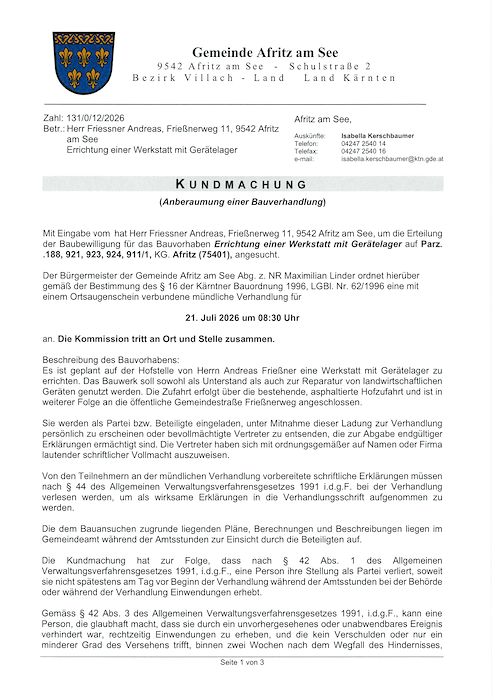 Kundmachung - Anberaumung einer Bauverhandlung