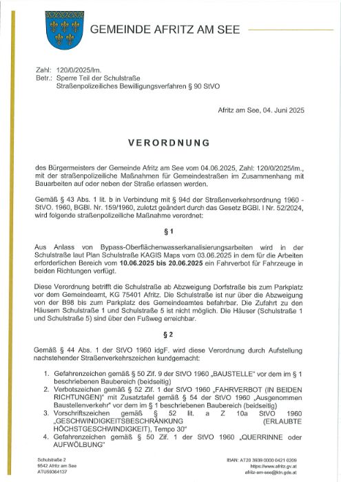 Verordnung Straßensperre Schulstraße