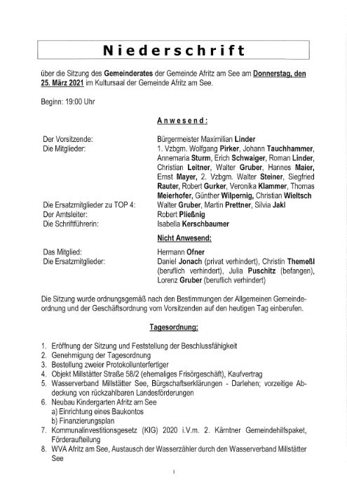 Niederschrift Gemeinderatssitzung 25.03.2021