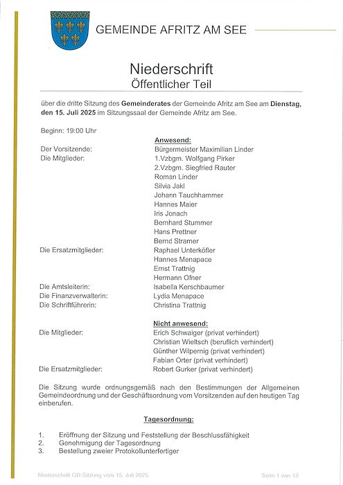 Niederschrift Gemeinderatssitzung 15.07.2025