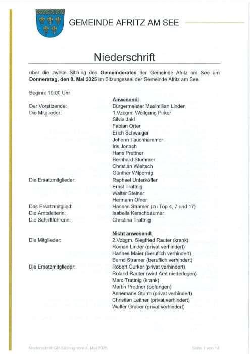 Niederschrift Gemeinderatssitzung 08.05.2025