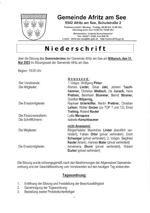 Niederschrift Gemeinderatssitzung 31.05.2023