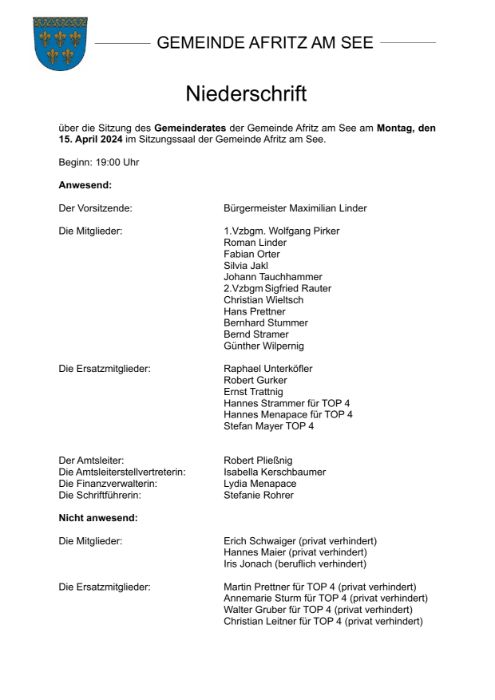 Niederschrift Gemeinderatssitzung 15.04.2024