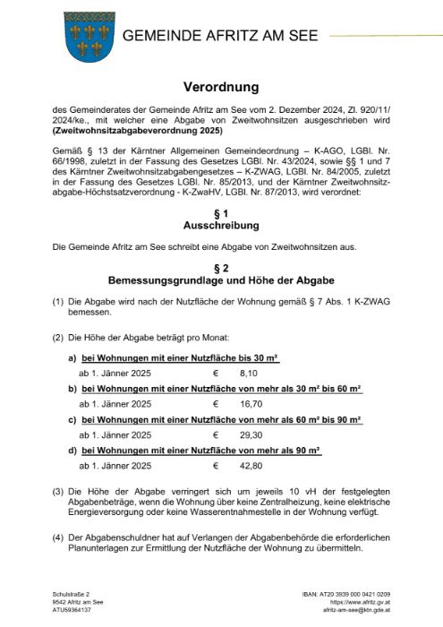 Zweitwohnsitzabgabenverordnung 2025-2027