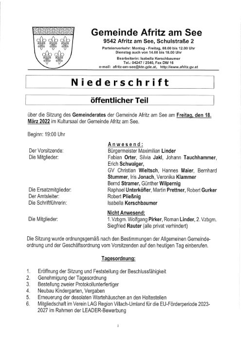 Niederschrift Gemeinderatssitzung 18.03.2022