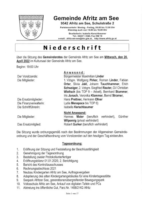 Niederschrift Gemeinderatssitzung 20.04.2022