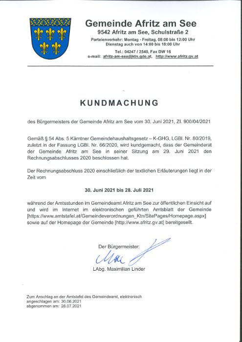 Rechnungsabschluss 2020