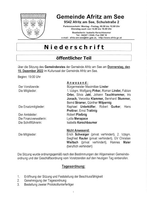 Niederschrift Gemeinderatssitzung 15.12.2022