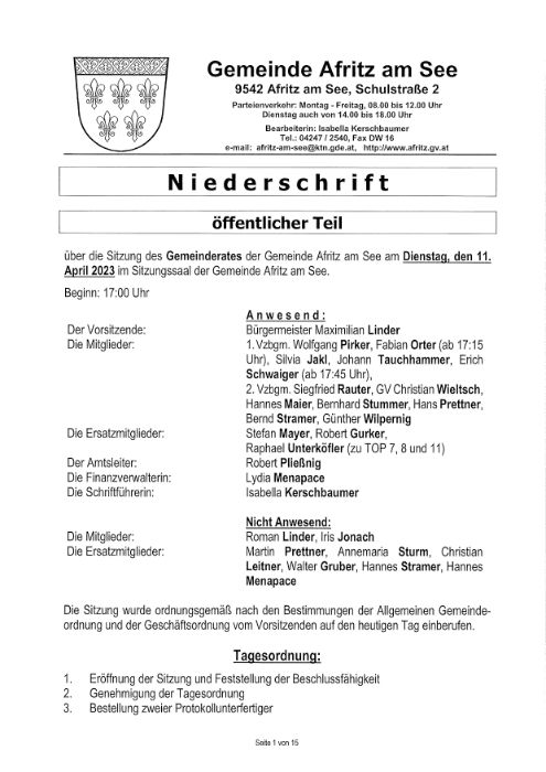 Niederschrift Gemeinderatssitzung 11.04.2023