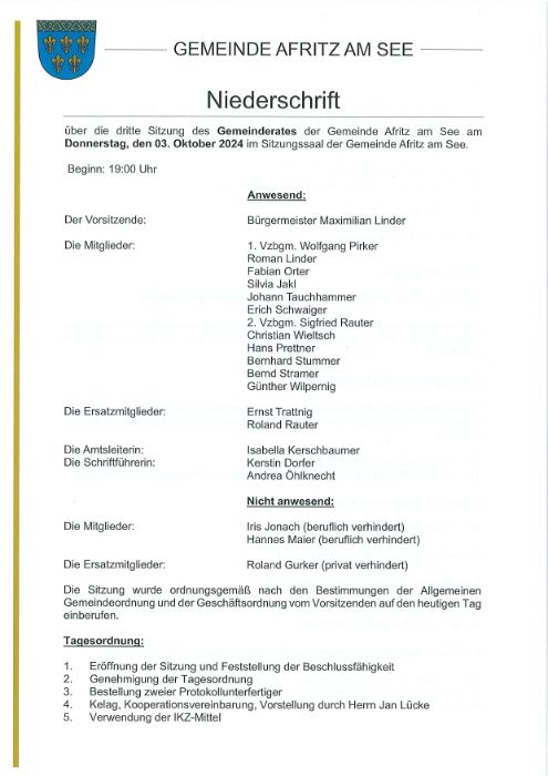 Niederschrift Gemeinderatssitzung 03.10.2024