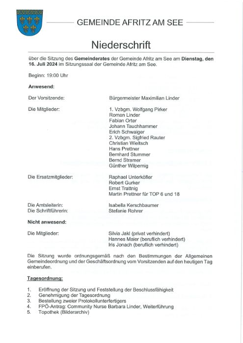 Niederschrift Gemeinderatssitzung 16.07.2024   