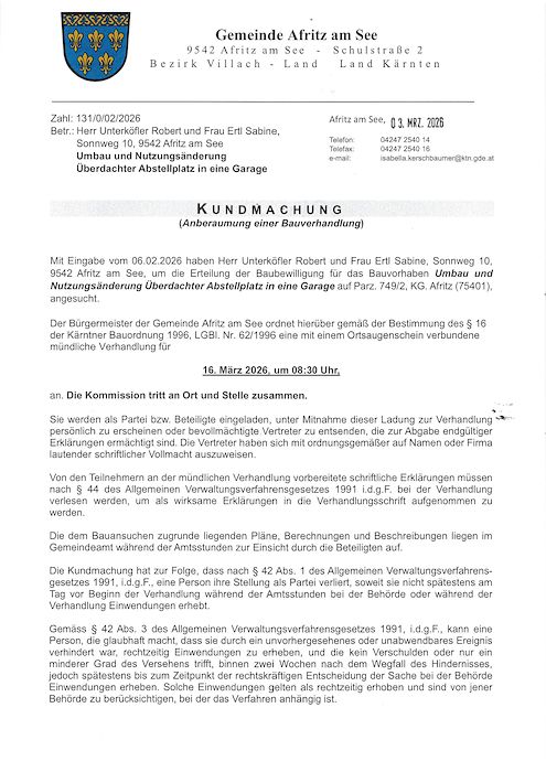 Kundmachung - Anberaumung einer Bauverhandlung