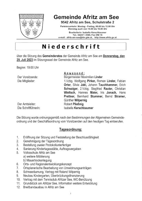 Niederschrift Gemeinderatssitzung 20.07.2023